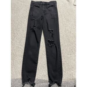 American Eagle Sz 0 Stretch Hi Rise Straight Leg Distressed Raw Hem Jeans Black